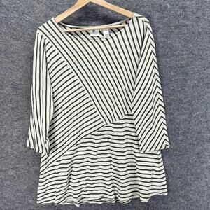 Chico's Tunic Top Women 1 White Striped 3/4 Sleeve Round Neck Pullover Casual